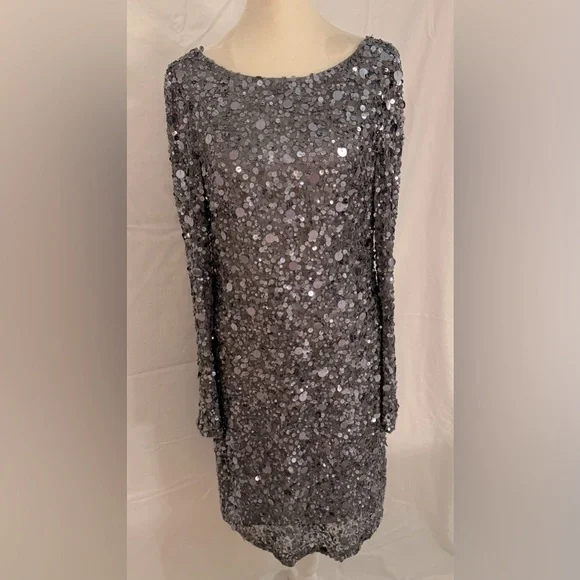 Aidan Mattox Long-sleeve Sequined Shift Dress - Picture 2 of 6